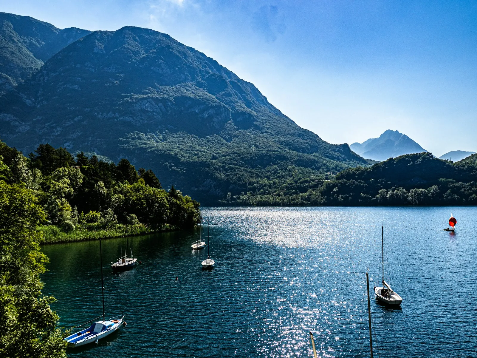 Boats moored on a calm mountain lake ringed by forested peaks in Colorado